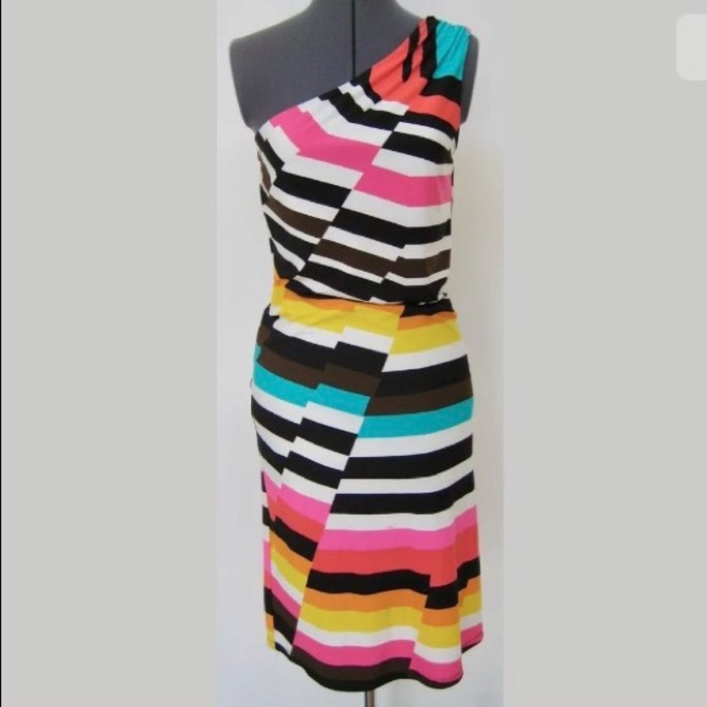 TRINA TURK ONE SHOULDER DRESS JERSEY KNIT STRIPE TROPICAL RUCHED FLATTERING S